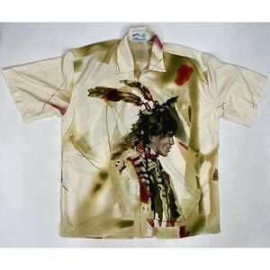 VINTAGE Memo's World Wide Hawaiian Style Indian All Over Print Shirt Men XL